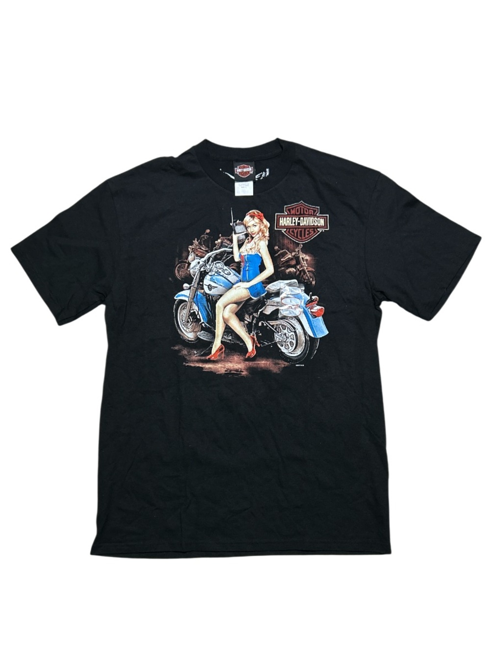 Harley Davidson Short Sleeve Black Pinup/ Biker Chic Graphic Tee Shirt Sz L